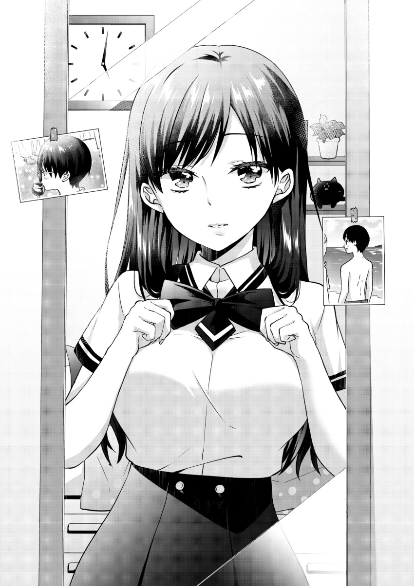 1girl absurdres adjusting_bowtie bow bowtie breasts clock collared_shirt dress_shirt greyscale highres ice_cream_kanojo indoors kawai_miruku kuune_rin long_hair looking_at_viewer medium_breasts mirror monochrome parted_lips photo_(object) pleated_skirt reflection shirt short_sleeves skirt solo very_long_hair wall_clock