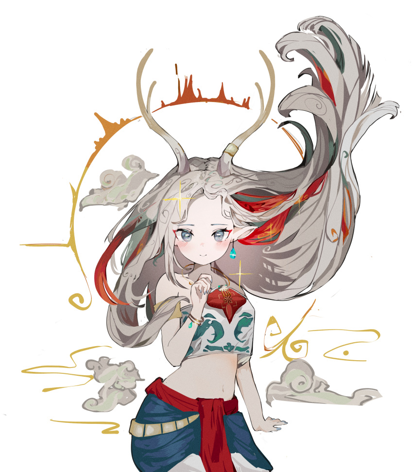 1girl a_deer_of_nine_colors absurdres arknights arm_at_side closed_mouth crop_top earrings floating_hair grey_eyes hand_up highres horns jewelry looking_at_viewer navel nine-colored_deer pointy_ears ryu_(17569823) single_earring smile solo sparkle upper_body white_background white_hair