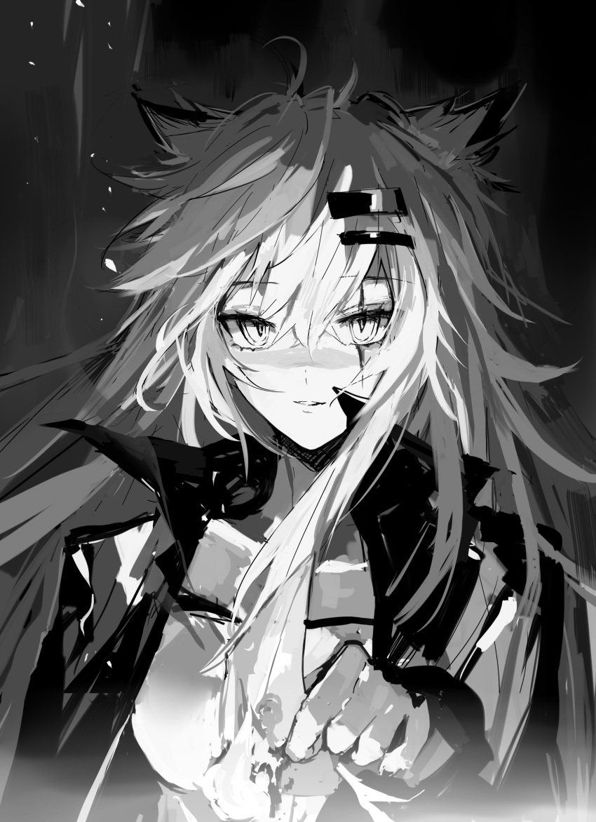 1girl absurdres animal_ears arknights grey_background greyscale hair_between_eyes hair_ornament hairclip hand_up highres jacket lappland_(arknights) long_hair looking_at_viewer meng_ziya messy_hair monochrome open_clothes open_jacket parted_lips shirt simple_background solo upper_body wolf_ears wolf_girl