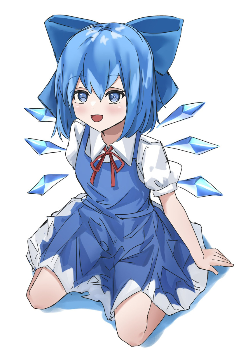 1girl :d bangs blue_bow blue_dress blue_eyes blue_hair bow cirno dress full_body hair_bow highres ice ice_wings looking_at_viewer open_mouth pinafore_dress ramiki seiza shirt short_hair simple_background sitting smile solo touhou white_background white_shirt wings