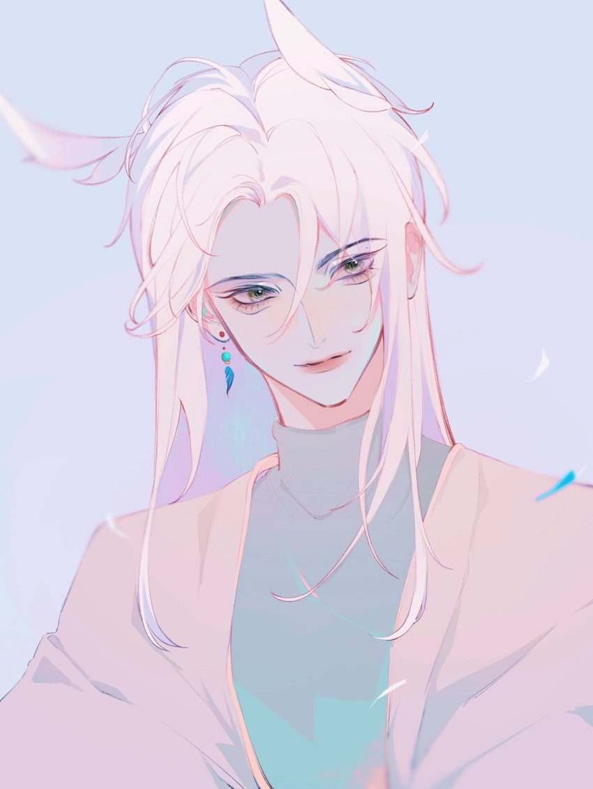 1boy absurdres androgynous bai_xiao bangs bishounen cape earrings grey_hair highres jewelry lu87168373 male_focus parted_bangs pointy_hair shirt sky:_children_of_the_light smile solo upper_body white_shirt
