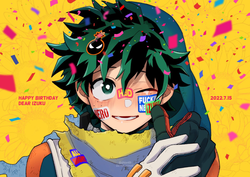 2boys bakugou_katsuki bangs birthday blurry blurry_foreground blush boku_no_hero_academia cape character_name confetti crying crying_with_eyes_open english_text floral_background flower freckles gloves green_eyes green_gloves hair_between_eyes hand_on_another's_hand happy happy_birthday happy_tears highres lower_teeth male_focus mask mask_on_head mask_removed meteorabbit_(shion69) midoriya_izuku multiple_boys one_eye_closed orange_gloves out_of_frame pov short_hair smile solo_focus spoilers sticker sunflower tears teeth timestamp torn_cape torn_clothes twitter_username two-tone_gloves white_gloves yellow_cape