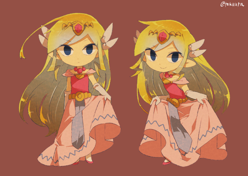 1girl artist_name belt blonde_hair blue_eyes blush curtsey dress floating_hair full_body gloves jewelry long_dress long_hair multicolored_hair multiple_persona necklace parted_lips pink_dress princess_zelda skirt_hold the_legend_of_zelda the_legend_of_zelda:_spirit_tracks the_legend_of_zelda:_the_wind_waker tokuura