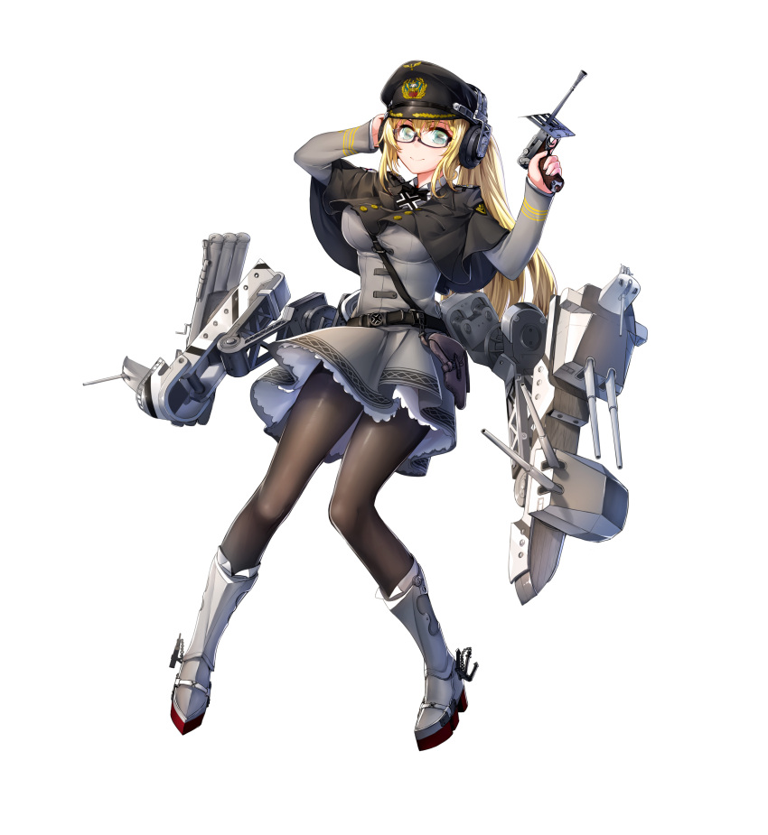 1girl absurdres belt black-framed_eyewear black_belt black_headwear black_pantyhose breasts cannon capelet dress emden_(warship_girls_r) glasses green_eyes grey_capelet grey_dress gun handgun hat headset highres large_breasts long_hair long_sleeves luger_p08 machinery military military_uniform onceskylark pantyhose peaked_cap ponytail short_dress smile solo turret uniform warship_girls_r weapon