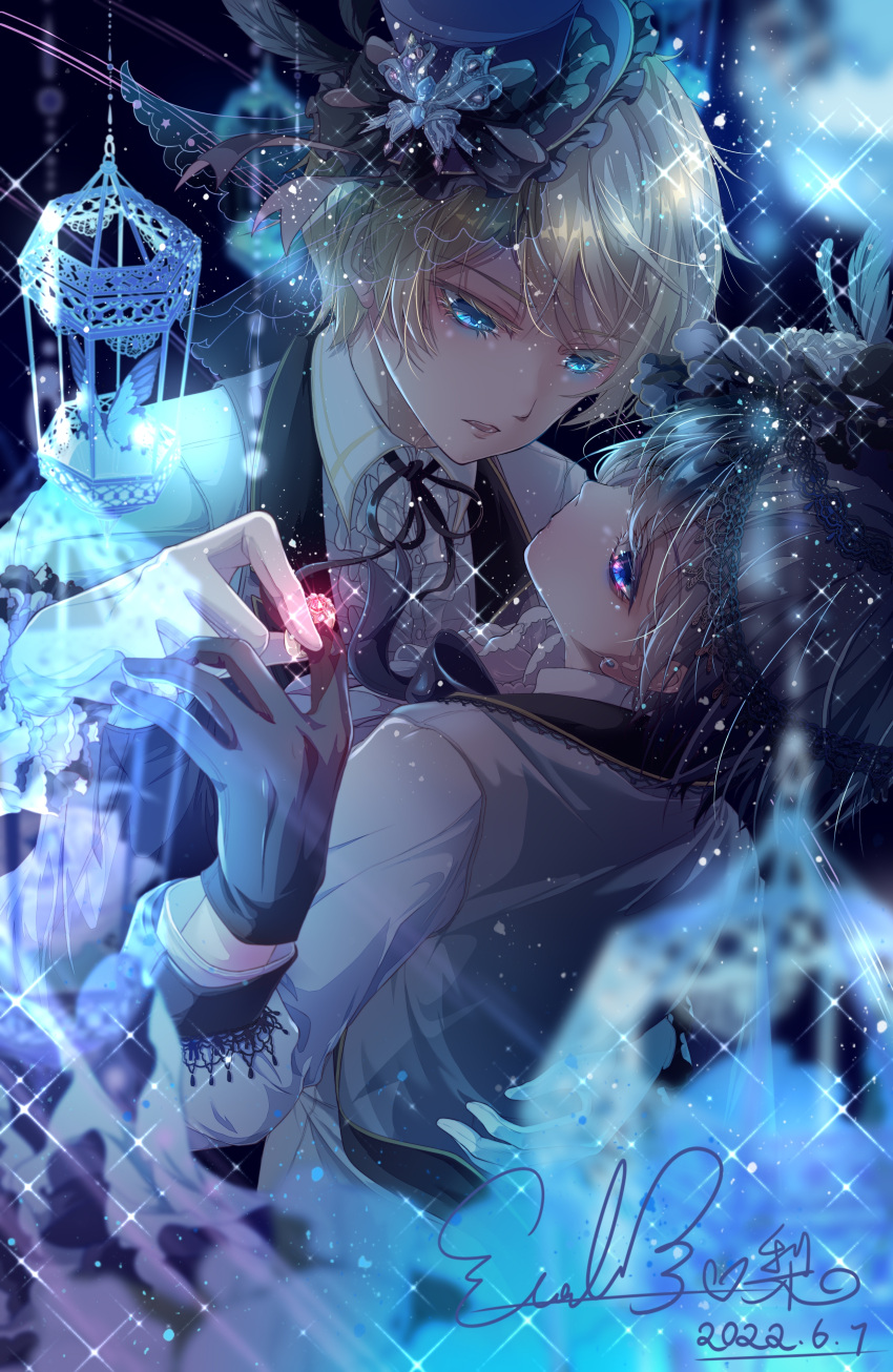 2boys absurdres alois_trancy bangs bishounen black_gloves black_hair blonde_hair blue_eyes bug butterfly cage ciel_phantomhive diffraction_spikes eyepatch face-to-face gem glint gloves glowing glowing_eyes hat highres jewelry kuroshitsuji lace light_particles long_sleeves male_child male_focus multiple_boys otoko_no_ko ribbon ring short_hair sparkle swept_bangs top_hat victorian white_gloves xikuliliangyuanzichihanli