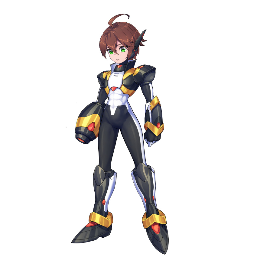 1boy absurdres adapted_costume ahoge alternate_color alternate_costume arm_cannon armor armored_boots body_armor bodysuit boots brown_hair commission commissioner_upload covered_abs covered_navel full_body gauntlets gloves green_eyes highres kiauwrenn knee_armor knee_boots male_focus mechanical_ears mega_man_(series) mega_man_x_(series) mega_man_zero_(series) missing_headwear non-web_source shoulder_armor solo transparent_background weapon x_(mega_man)
