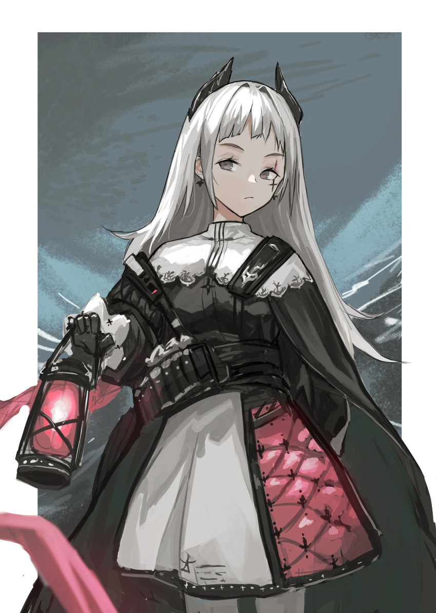 1girl ammunition_belt arknights arm_behind_back black_dress black_gloves border clip_studio_paint_(medium) cowboy_shot dress earrings gloves grey_background grey_eyes grey_hair hand_up head_wings highres holding holding_lantern irene_(arknights) jewelry lantern long_hair long_sleeves looking_at_viewer multicolored_clothes multicolored_dress outside_border panties pantyhose pink_dress red_panties scar scar_across_eye simple_background solo underwear vido_sprout white_border white_dress white_pantyhose