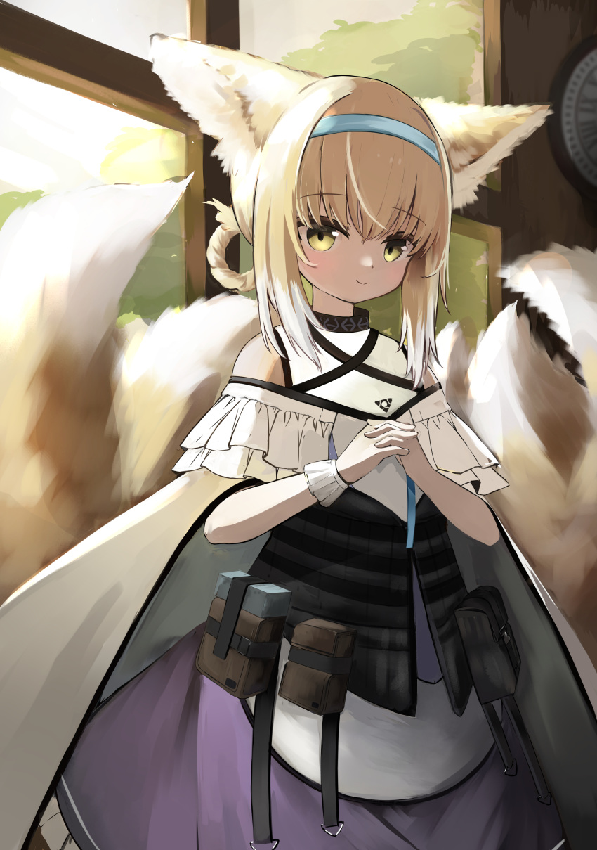 1girl absurdres analog_clock animal_ears arknights bare_shoulders black_collar black_vest blonde_hair blue_hairband blush braid clock collar cowboy_shot dress fox_ears fox_girl green_eyes hairband highres indoors infection_monitor_(arknights) interlocked_fingers kitsune kyuubi long_hair looking_at_viewer multicolored_hair multiple_tails purple_dress seijiikeuchi single_wrist_cuff smile solo streaked_hair suzuran_(arknights) tail two-tone_hair vest wall_clock white_dress white_hair white_wrist_cuffs window wrist_cuffs