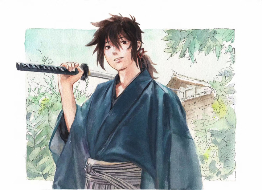 1boy bangs black_hair blue_kimono carrying_over_shoulder character_request check_copyright copyright_request day hakama hand_up holding holding_sword holding_weapon japanese_clothes katana kimono lkyt. long_sleeves looking_at_viewer low_ponytail male_focus natsuhiro outside_border over_shoulder ponytail smile solo striped sword traditional_media unsheathed upper_body weapon weapon_over_shoulder