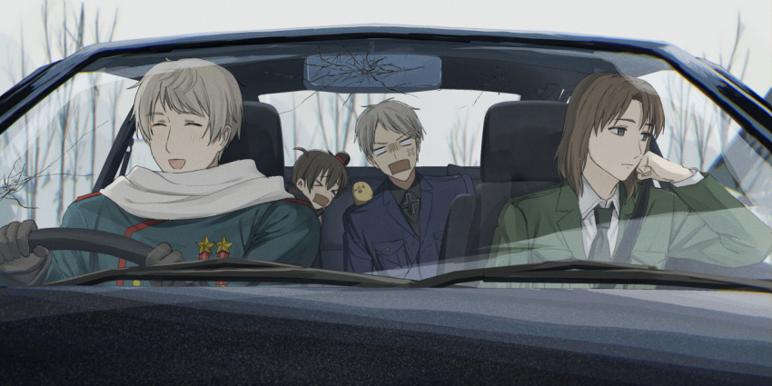 &gt;_&lt; 4boys ^_^ ^o^ alternate_costume anger_vein axis_powers_hetalia bare_tree bird blank_eyes bound car chick child closed_eyes clouds cloudy_sky cracked_glass expressionless gilbird grey_sky ground_vehicle hand_on_own_cheek hand_on_own_face lithuania_(hetalia) looking_afar male_child military military_uniform moldova_(hetalia) motor_vehicle multiple_boys prussia_(hetalia) russia_(hetalia) sitakutu sky steering_wheel tied_up_(nonsexual) tree uniform windshield winter