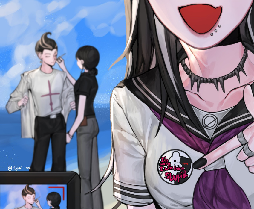 1boy 2girls ara_(syao_ra) badge bangs barbed_wire black_hair black_nails black_pants black_sailor_collar closed_eyes collarbone danganronpa_(series) danganronpa_2:_goodbye_despair day earrings facing_another grey_hair grey_shirt hair_bun highres jewelry long_sleeves mioda_ibuki monokuma multicolored_hair multiple_girls nail_polish neckerchief open_clothes open_mouth open_shirt outdoors pants pointing print_shirt purple_neckerchief ring sailor_collar shirt shirt_tucked_in short_sleeves single_hair_bun two-tone_hair white_hair