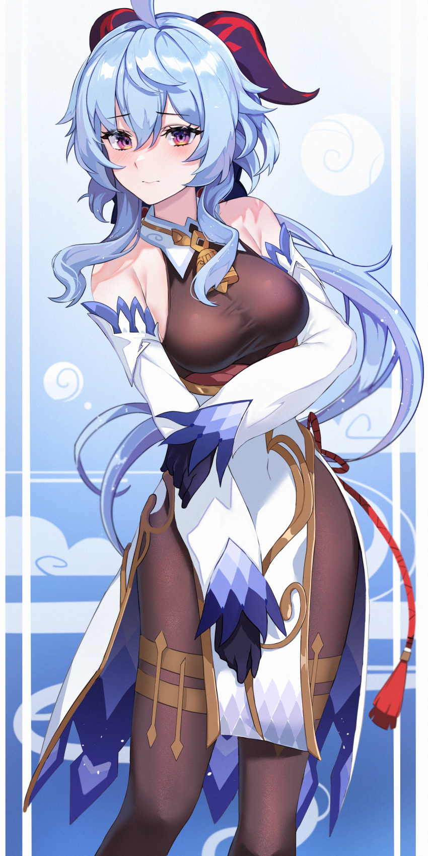 1girl absurdres bangs bare_shoulders bell blue_hair bodystocking bodysuit breasts detached_sleeves dress ganyu_(genshin_impact) genshin_impact halterneck highres holding_own_arm horns lessthanone looking_at_viewer medium_breasts neck_bell nervous_smile side_slit smile solo thighs violet_eyes
