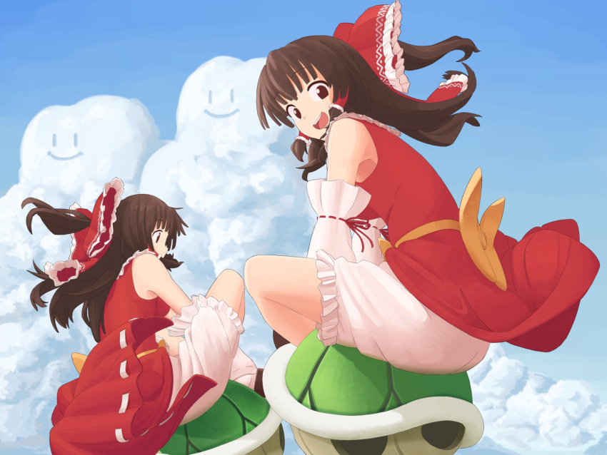 2girls 4joukioto :d bangs bloomers brown_eyes brown_hair clouds commentary_request cookie_(touhou) detached_sleeves dual_persona full_body green_shell_(mario) hakurei_reimu highres kanna_(cookie) long_hair looking_at_viewer multiple_girls open_mouth red_shirt ribbon-trimmed_sleeves ribbon_trim riding round_teeth shirt sidelocks sleeveless sleeveless_shirt smile smiley_face super_mario_bros. teeth touhou underwear white_bloomers white_sleeves