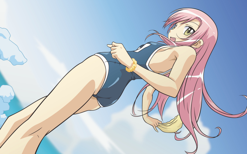 :d bangs bracelet cloud dutch_angle flat_chest from_behind hayate_no_gotoku! highres jewelry katsura_hinagiku kneepits legs long_hair looking_back one-piece_swimsuit open_mouth outdoors pink_hair resized school_swimsuit sky smile solo standing swim_cap swimsuit swimsuit vector vector_trace wallpaper water widescreen yellow_eyes