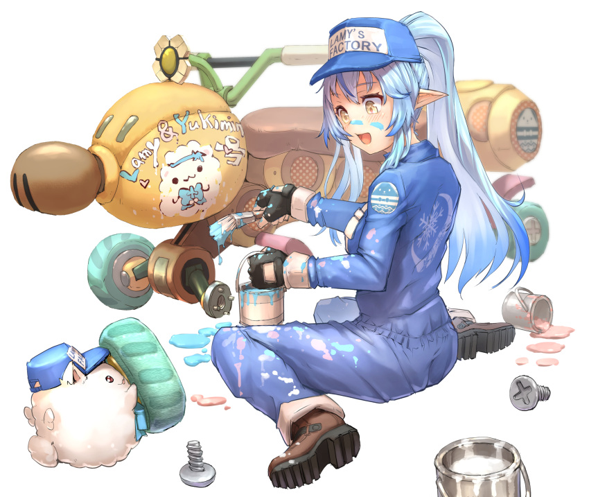 1girl :3 :d baseball_cap black_gloves blue_hair blue_sleeves boots brown_footwear character_name commentary fingerless_gloves full_body gloves ground_vehicle hat high_ponytail highres holding hololive light_blue_hair long_sleeves looking_at_another mario_kart mitsuru_(pixiv_34028718) motor_vehicle motorcycle multicolored_hair open_mouth overalls paint_can paint_splatter paint_splatter_on_face paintbrush pointy_ears screw simple_background sitting smile solid_circle_eyes solo streaked_hair tire virtual_youtuber wariza white_background yellow_eyes yukihana_lamy yukimin_(yukihana_lamy)