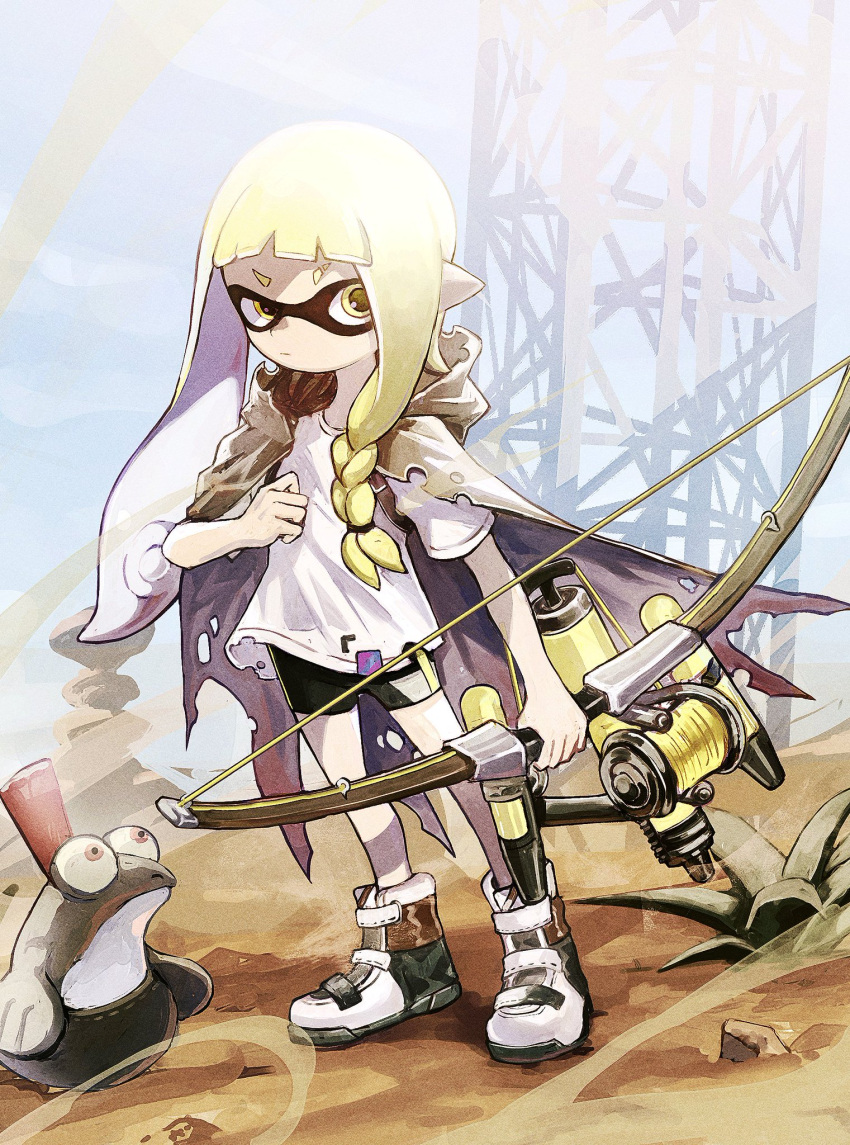 1girl animal blonde_hair bow_(weapon) braid brown_cloak brown_eyes cloak closed_mouth dust dust_cloud grey_hair highres holding holding_weapon hood hood_down hooded_cloak inkling inkling_girl long_hair multicolored_hair outdoors plant rock sand sanshouuo shirt shoes short_shorts shorts sneakers splatoon_(series) splatoon_3 standing suction_cups t-shirt tentacle_hair torn torn_cloak torn_clothes torn_shirt two-tone_hair weapon white_footwear wind