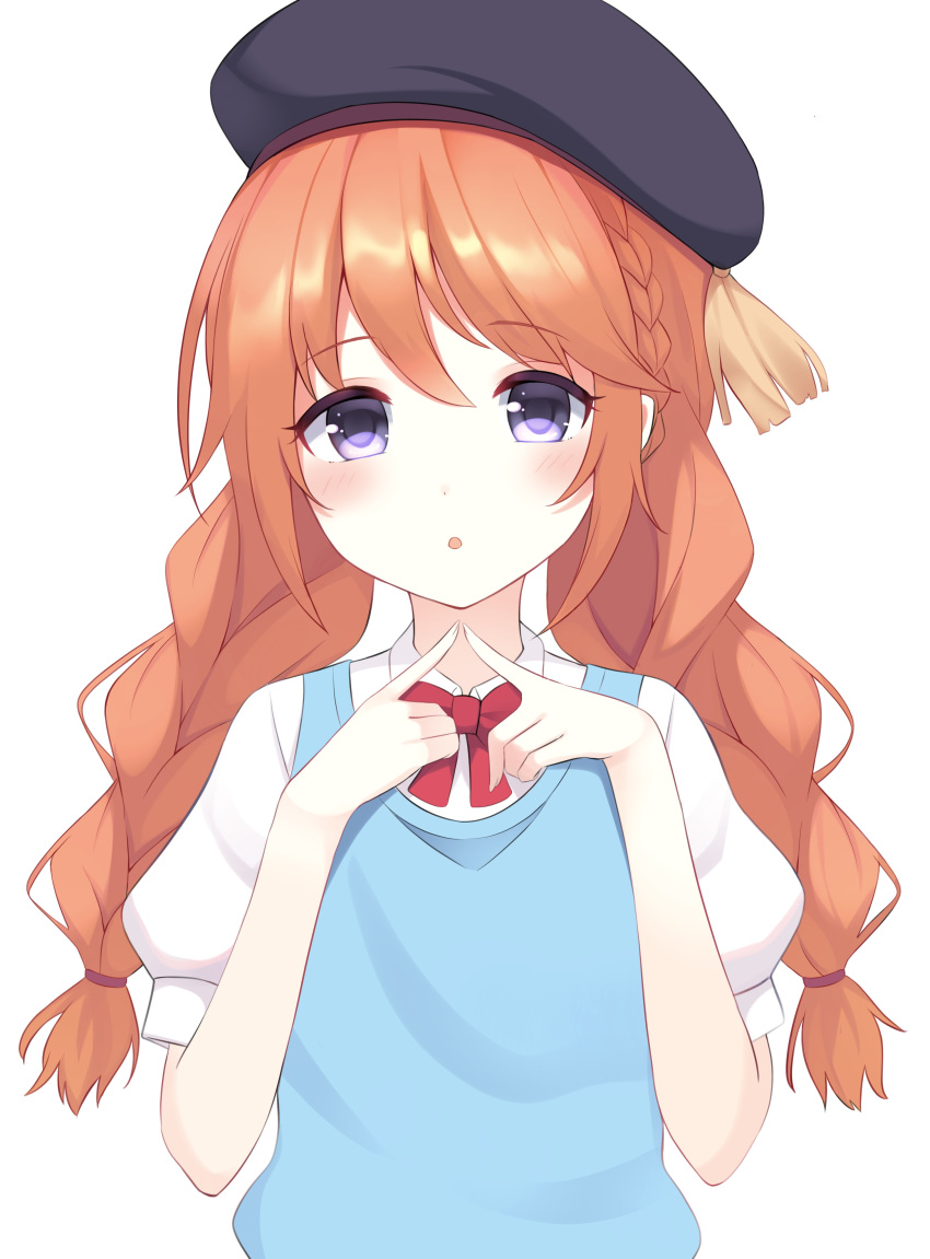 1girl :o absurdres blush bow bowtie braid cardigan_vest commentary_request decision5021 hat highres index_fingers_together looking_at_viewer orange_hair princess_connect! school_uniform simple_background solo twin_braids upper_body violet_eyes white_background yuni_(princess_connect!)