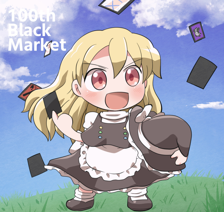 100th_black_market 1girl apron black_footwear black_headwear black_skirt black_vest blonde_hair blush card full_body hair_between_eyes hat holding holding_card holding_clothes holding_hat kirisame_marisa long_hair open_mouth red_eyes rokugou_daisuke shirt shoes short_sleeves skirt smile solo touhou vest waist_apron white_apron white_shirt witch_hat