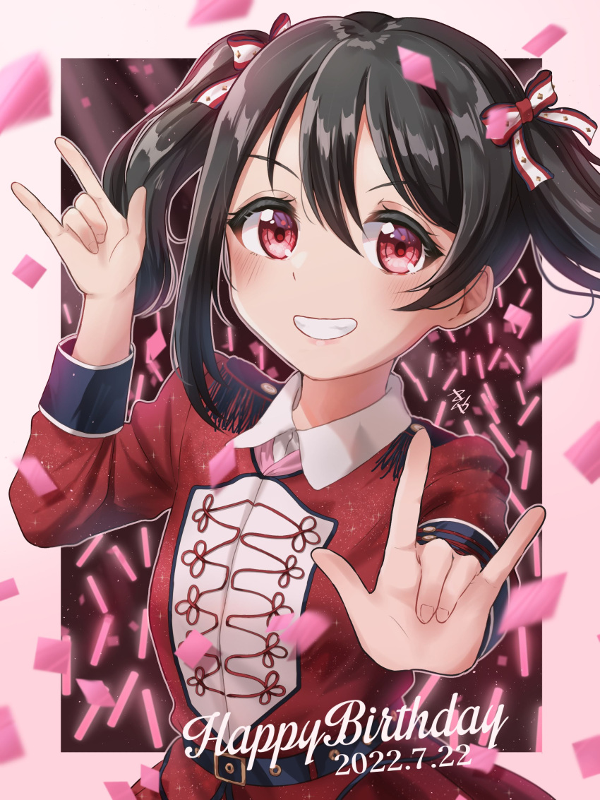1girl absurdres bangs birthday black_hair blush breasts commentary confetti dated english_text glowstick grin hair_ribbon happy_birthday highres kyaku_tatsu long_hair looking_at_viewer love_live! love_live!_school_idol_project nico_nico_nii red_eyes ribbon shiny sidelocks signature small_breasts smile solo twintails upper_body yazawa_nico