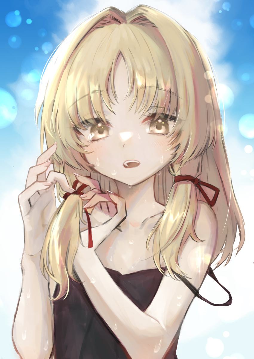 1girl absurdres bangs bare_shoulders blonde_hair collarbone commentary commentary_request dress hair_ribbon highres looking_at_viewer moriya_suwako open_mouth outdoors parted_bangs ribbon short_hair sky solo sundress sunlight sweat tadano1129 touhou tying_hair upper_body yellow_eyes