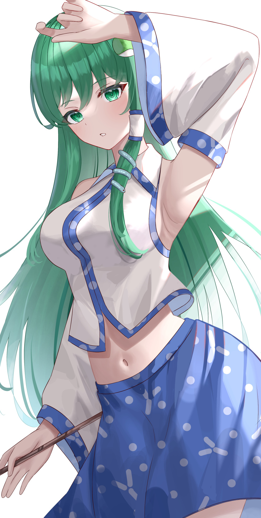 1girl absurdres anima_miko arm_up armpits bare_shoulders blue_skirt blush breasts collared_shirt commentary_request crop_top detached_sleeves frog_hair_ornament green_eyes green_hair hair_ornament highres kochiya_sanae long_hair looking_at_viewer medium_breasts medium_skirt midriff navel nontraditional_miko parted_lips print_skirt shirt skirt snake_hair_ornament solo touhou very_long_hair white_shirt wide_sleeves