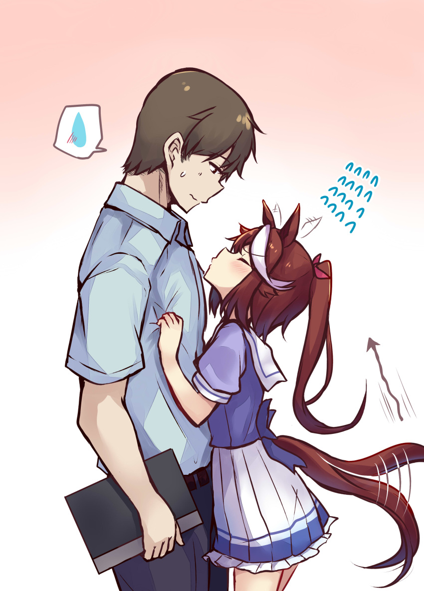 1boy 1girl absurdres afterimage animal_ears blue_shirt blush brown_hair collared_shirt commentary_request ear_wiggle flying_sweatdrops height_difference hetero highres horse_ears horse_girl horse_tail incoming_kiss long_hair looking_down notebook ponytail school_uniform shirt shirt_grab soramuko speed_lines spoken_sweatdrop sweatdrop tail tail_wagging tokai_teio_(umamusume) tracen_school_uniform trainer_(umamusume) umamusume