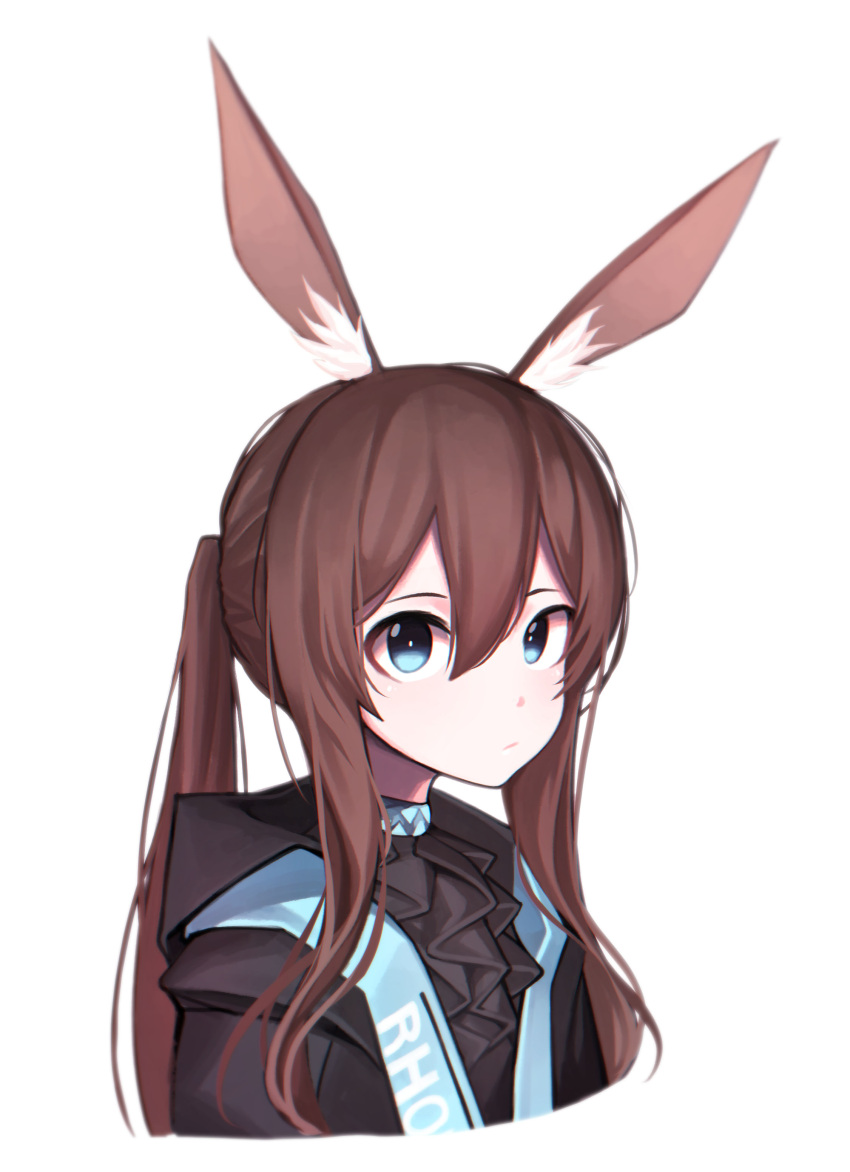1girl absurdres amiya_(arknights) animal_ear_fluff animal_ears arknights ascot beudelb black_ascot black_jacket blue_collar blue_eyes clothes_writing collar cropped_torso hair_between_eyes highres jacket jewelry looking_at_viewer neck_ring open_clothes open_jacket ponytail rabbit_ears rabbit_girl sidelocks simple_background solo upper_body white_background
