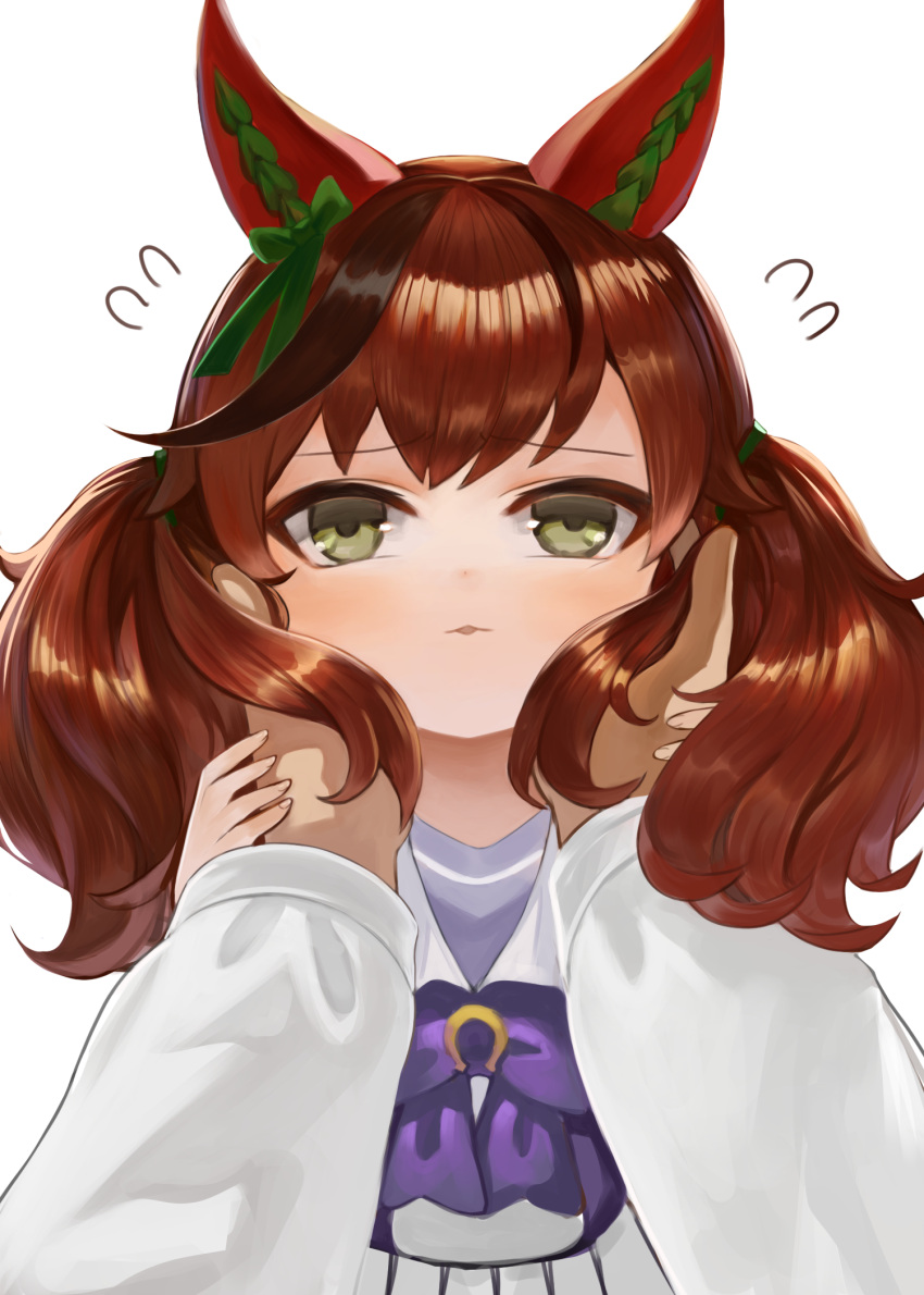 1girl 1other blush bow brown_eyes brown_hair commentary_request dokomon ear_bow flying_sweatdrops green_bow hands_on_another's_cheeks hands_on_another's_face hands_up highres korean_commentary long_hair long_sleeves looking_at_viewer multicolored_hair nice_nature_(umamusume) parted_lips pleated_skirt purple_bow purple_shirt school_uniform shirt simple_background skirt streaked_hair tracen_school_uniform twintails umamusume white_background white_skirt