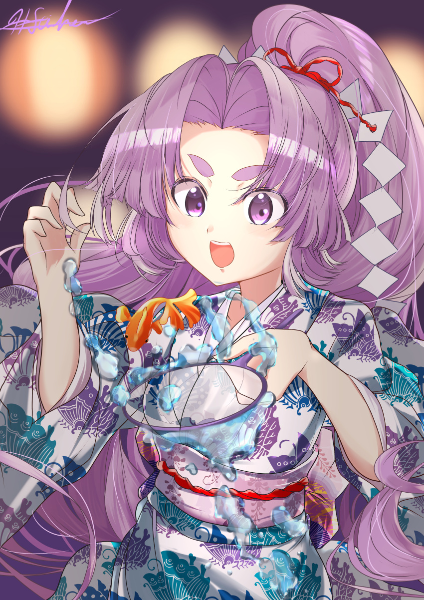 1girl absurdres alternate_costume animal_print butterfly_print gold_fish goldfish_scooping hatsuharu_(kancolle) highres hikimayu japanese_clothes kantai_collection kimono long_hair matsurika_(harusutain) obi open_mouth ponytail print_kimono purple_hair sash shide solo violet_eyes white_kimono yukata