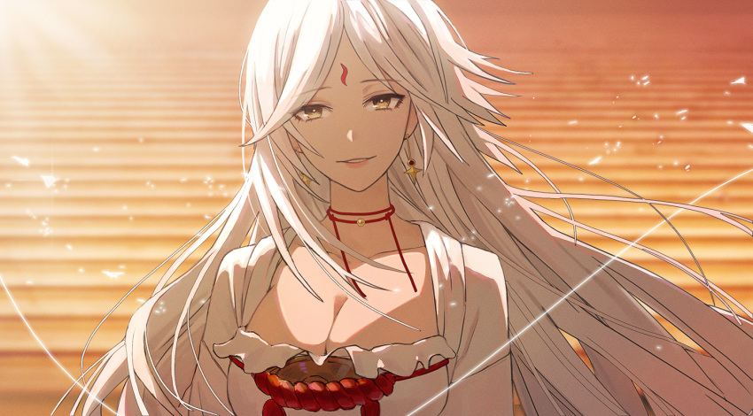 1girl bangs bisque character_request dress earrings facial_mark film_grain forehead_mark japanese_clothes jewelry light_rays long_hair long_sleeves looking_at_viewer onmyoji parted_bangs smile solo star_(symbol) star_earrings string string_choker sunlight sunset upper_body white_dress white_hair