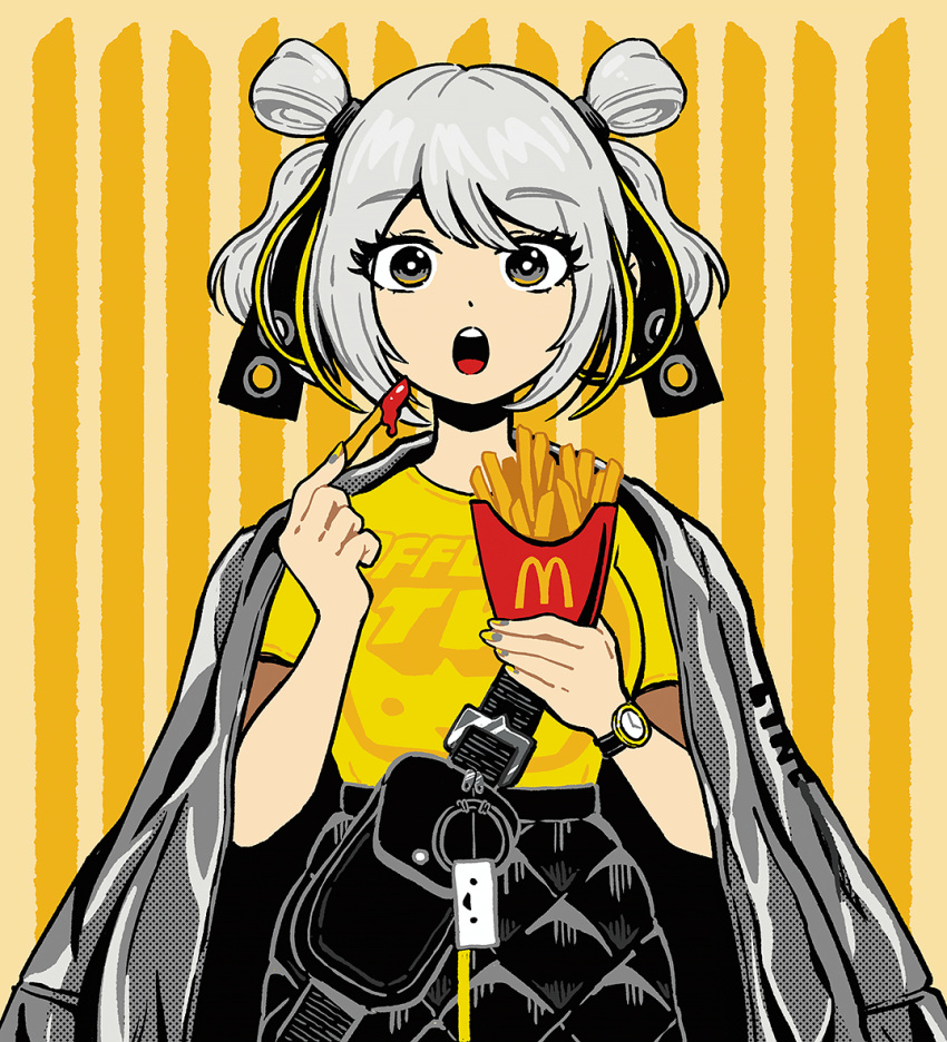 1girl black_skirt blonde_hair food french_fries ketchup looking_at_viewer mcdonald's multicolored_hair omocat open_mouth original shirt short_hair short_sleeves skirt solo teeth upper_teeth watch watch yellow_shirt