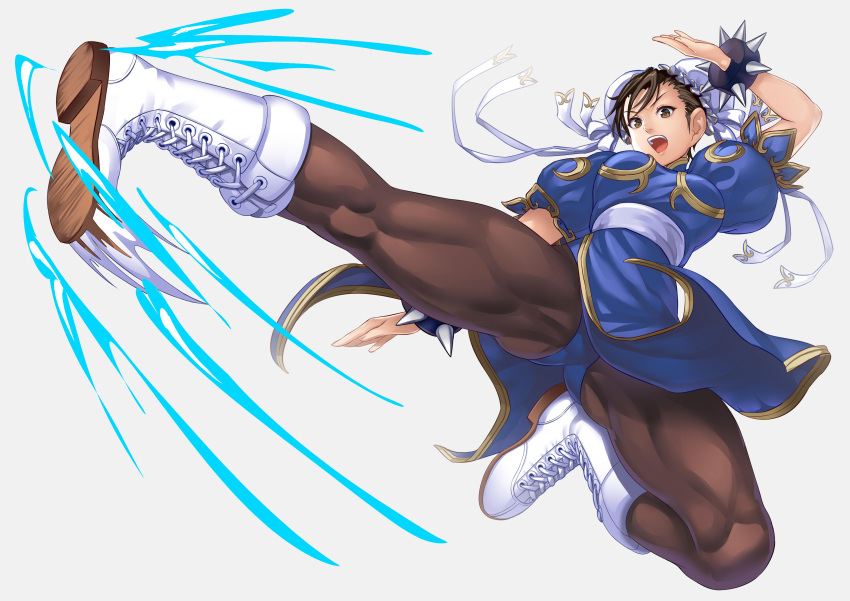 1girl absurdres agira blue_dress boots bracelet breasts brown_eyes brown_hair bun_cover china_dress chinese_clothes chun-li cross-laced_footwear double_bun dress earrings flying_kick gradient gradient_background grey_background hair_bun hair_pulled_back highres jewelry kicking medium_breasts muscular muscular_female open_mouth pantyhose pelvic_curtain puffy_short_sleeves puffy_sleeves ryu_(street_fighter) sash short_sleeves side_slit solo spiked_bracelet spikes street_fighter street_fighter_ii_(series) white_footwear