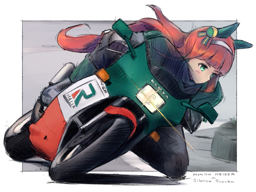 1girl animal_ears balladeluce bangs blunt_bangs character_name ear_covers green_eyes ground_vehicle hairband highres hime_cut honda honda_ns125r horse_ears horse_girl looking_to_the_side motor_vehicle motorcycle orange_hair silence_suzuka_(umamusume) solo umamusume vehicle_focus vehicle_name white_hairband