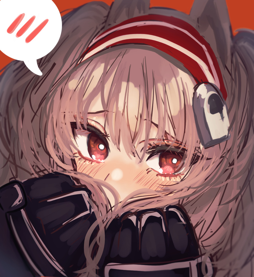 1girl angelina_(arknights) animal_ears arknights black_gloves blush close-up covered_mouth covering_mouth fox_ears fox_girl gloves hair_between_eyes hair_ornament hairband hairclip hands_up highres holding holding_hair long_hair orange_background portrait red_eyes red_hairband simotukiniko simple_background solo speech_bubble spoken_blush twintails