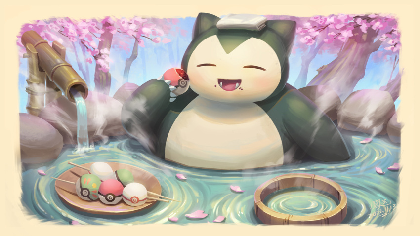 :d cherry_blossoms closed_eyes dated food highres ho-oh_(artist) onsen open_mouth petals petals_on_liquid poke_ball pokemon pokemon_(creature) smile snorlax solo steam teeth towel towel_on_head translation_request water