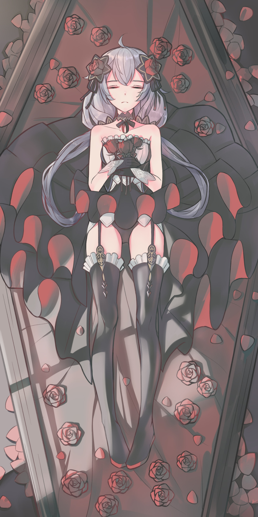 1girl absurdres ahoge bare_shoulders black_dress black_footwear black_gloves bliss_ning boots closed_eyes closed_mouth coffin dress flower full_body gloves hair_between_eyes hair_flower hair_ornament highres honkai_(series) honkai_impact_3rd long_hair lying on_back own_hands_together red_flower red_rose rose solo strapless strapless_dress theresa_apocalypse theresa_apocalypse_(luna_kindred) thigh_boots twintails vampire white_hair
