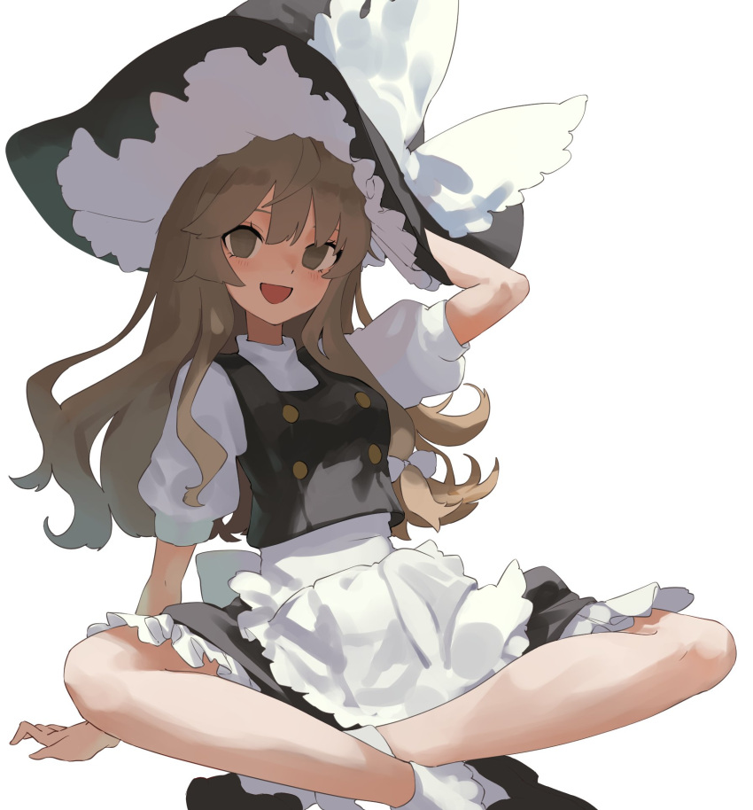 1girl :d apron arm_support bangs black_footwear black_headwear black_vest blonde_hair blush bobby_socks bow brown_eyes chishibuki_hiyoko commentary_request frilled_apron frilled_hat frills full_body hair_bow hand_on_ground hand_on_headwear hat hat_bow highres indian_style kirisame_marisa long_hair looking_at_viewer open_mouth puffy_short_sleeves puffy_sleeves shirt shoes short_sleeves sitting smile socks solo touhou vest waist_apron white_background white_bow white_shirt witch_hat