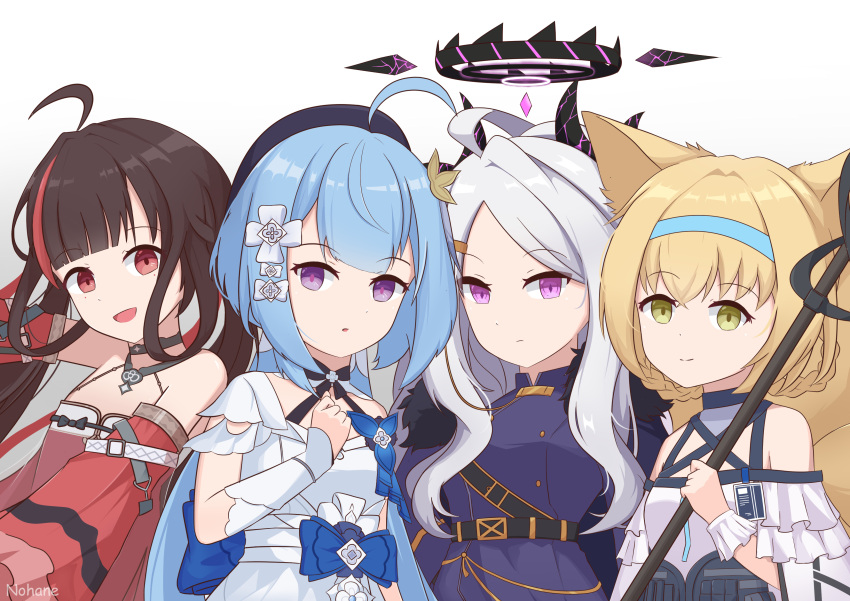 4girls :d absurdres ahoge animal_ears aqua_hair arknights bangs belt black_hair blonde_hair blue_archive blunt_bangs bow braid coat coat_on_shoulders commentary_request crossover demon_girl demon_horns detached_sleeves fox_ears fox_girl fox_tail fur-trimmed_coat fur_trim green_eyes griseo hair_between_eyes hair_bow hair_ornament halo highres hina_(blue_archive) holding holding_staff honkai_(series) honkai_impact_3rd horns id_card kyuubi long_hair long_sleeves looking_at_viewer military military_uniform multicolored_hair multiple_crossover multiple_girls multiple_tails nohanohaneid parted_bangs parted_lips pulao_(punishing:_gray_raven) punishing:_gray_raven red_eyes scrunchie short_sleeves sidelocks simple_background smile staff streaked_hair suzuran_(arknights) tail twin_braids twintails two-tone_hair uniform violet_eyes white_background white_hair wide_sleeves wrist_scrunchie