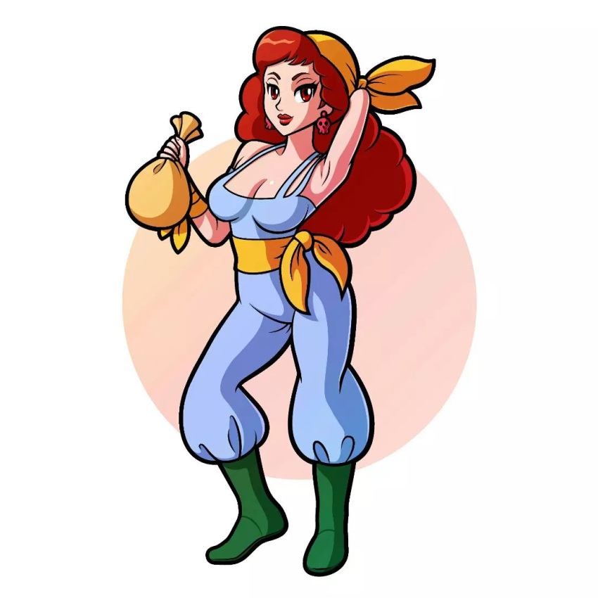 boots captain_syrup curly_hair earrings full_body green_footwear jewelry jf_illustration long_hair looking_at_viewer red_eyes red_lips redhead wario_land wavy_hair