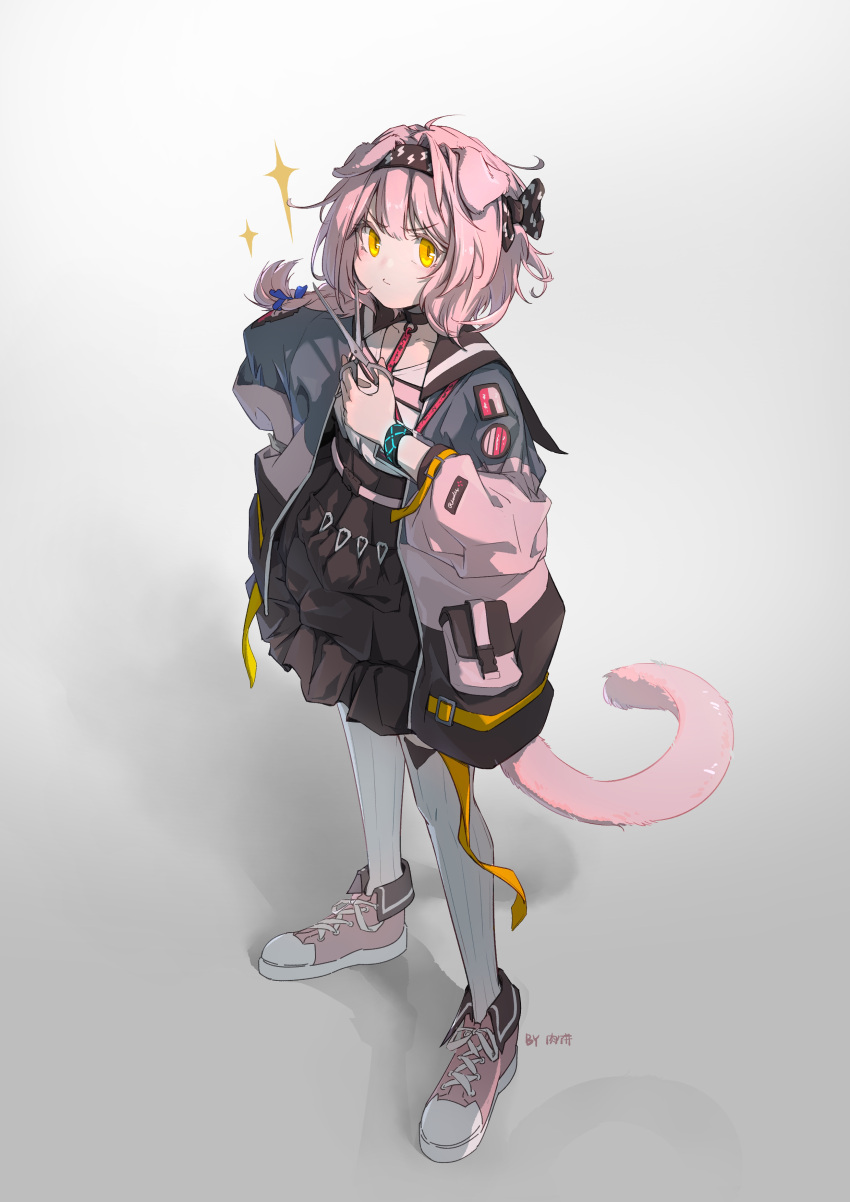 1girl absurdres animal_ears arknights black_bow black_bracelet black_hairband black_skirt blue_bow blue_jacket blush bow braid cat_ears cat_girl cat_tail chinese_commentary commentary floppy_ears full_body goldenglow_(arknights) grey_hair hair_bow hairband hand_on_hip hand_up highres holding holding_scissors infection_monitor_(arknights) jacket lightning_bolt_print long_hair long_sleeves looking_at_viewer multicolored_clothes multicolored_jacket pink_footwear pink_jacket print_bow print_hairband robinlovesop scissors shirt shoes simple_background skirt solo standing tail thigh-highs two-tone_jacket v-shaped_eyebrows white_shirt white_thighhighs yellow_eyes