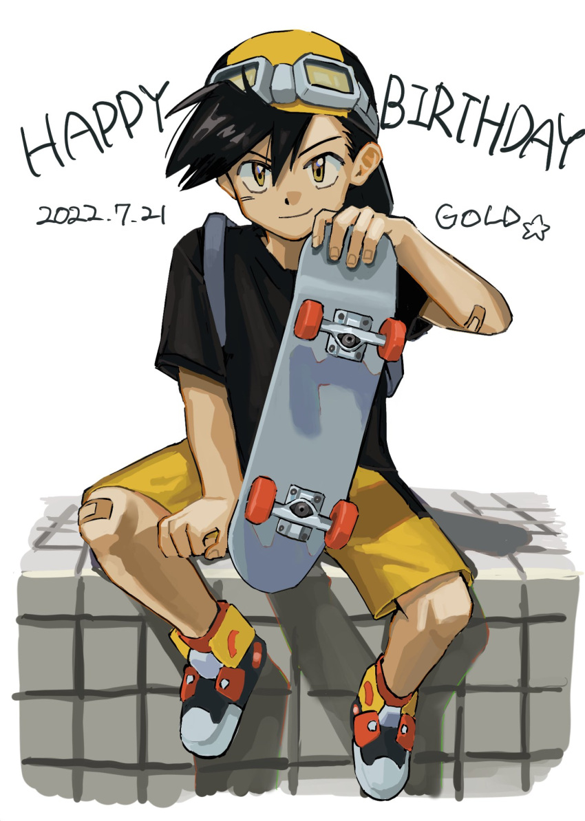 1boy backwards_hat bag baseball_cap black_hair black_shirt child commentary_request ethan_(pokemon) grey_eyes happy_birthday hat highres holding looking_at_viewer male_child male_focus pokemon pokemon_(game) pokemon_gsc pokemon_hgss school_bag shirt short_hair shorts simple_background sitting sitting_on_wall skateboard smile star_(symbol) star_print tommmmieee white_background yellow_eyes