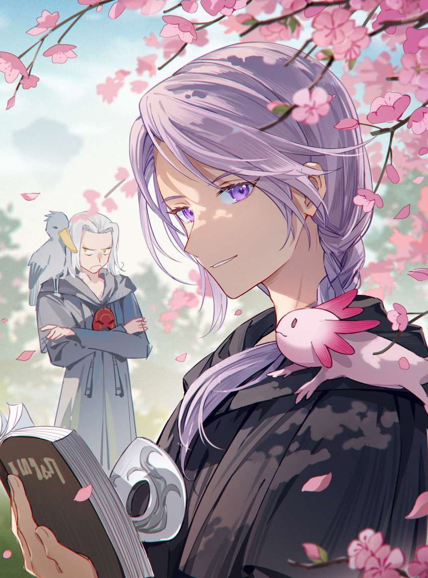 &gt;:( 2boys absurdres animal_on_shoulder annoyed axolotl bangs bird bird_on_shoulder bishounen black_robe blue_sky book braid cherry_blossoms clouds constricted_pupils crossed_arms day emet-selch falling_petals final_fantasy final_fantasy_xiv from_side grey_robe highres holding holding_book hood hood_down hooded_robe hythlodaeus looking_at_viewer male_focus mask mask_around_neck mask_removed medium_hair multiple_boys nauxii outdoors parted_lips petals purple_hair robe shoebill short_hair side_braid single_braid sky smile solo_focus standing tree upper_body v-shaped_eyebrows violet_eyes white_hair yellow_eyes