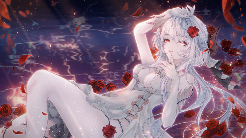 1girl absurdres bangs dress flower gloves grey_hair hair_flower hair_ornament highres long_hair lying lying_on_water open_mouth petals red_eyes red_flower red_rose rika_mayuzumi rose rose_petals royer slit_pupils smile sparkle virtual_youtuber water white_dress white_gloves white_hair