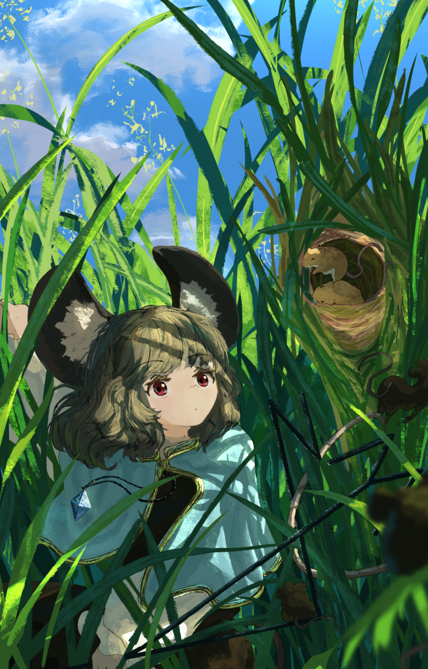 1girl animal animal_ears basket black_dress blue_capelet capelet dowsing_rod dress grey_hair highres jewelry kajatony long_sleeves mouse mouse_ears mouse_tail nazrin pendant red_eyes short_hair solo tail touhou upper_body