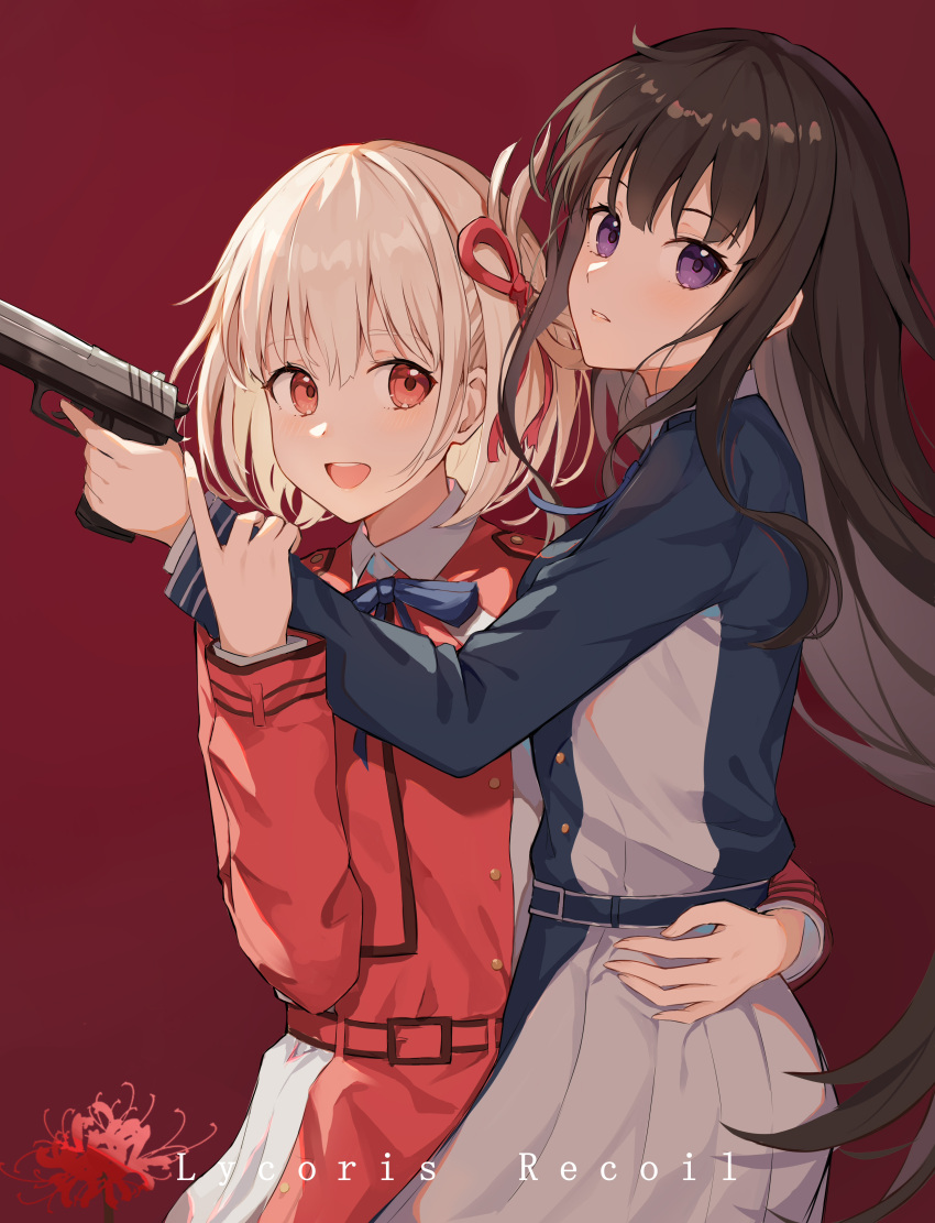 2girls :d absurdres arm_around_waist belt belt_buckle blonde_hair blue_ribbon blush brown_hair buckle copyright_name cowboy_shot flower gun hair_ribbon highres hokori_sakuni holding holding_gun holding_weapon inoue_takina long_hair long_sleeves looking_at_viewer lycoris_recoil multiple_girls neck_ribbon nishikigi_chisato open_mouth parted_lips red_background red_eyes red_flower red_ribbon ribbon school_uniform short_hair sidelocks simple_background smile spider_lily trigger_discipline very_long_hair violet_eyes weapon