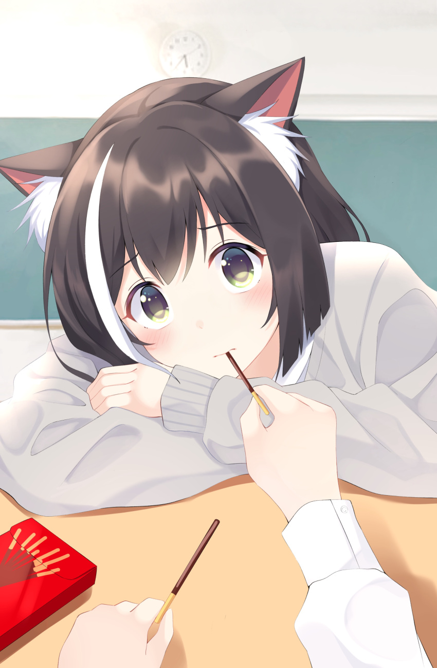 1girl 1other absurdres animal_ears black_hair blush cat_ears cat_girl chalkboard commentary_request decision5021 feeding food green_eyes highres holding holding_food holding_pocky indoors karyl_(princess_connect!) long_sleeves looking_at_viewer multicolored_hair out_of_frame pocky pocky_in_mouth pov pov_hands princess_connect! streaked_hair white_hair