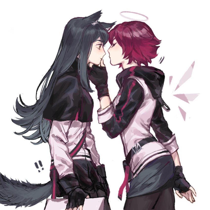 2girls 7ryryry animal_ears arknights bangs belt black_capelet black_gloves black_hair black_pantyhose blush brown_eyes capelet cowboy_shot detached_wings exusiai_(arknights) face-to-face facing_another fingerless_gloves gloves grabbing_another's_chin halo hand_on_another's_chin hand_up highres holding hood hood_down hooded_jacket imminent_kiss jacket long_hair long_sleeves looking_at_another looking_away miniskirt multiple_girls pantyhose profile redhead short_hair simple_background skirt tail texas_(arknights) white_background white_jacket wings wolf_ears wolf_tail yuri