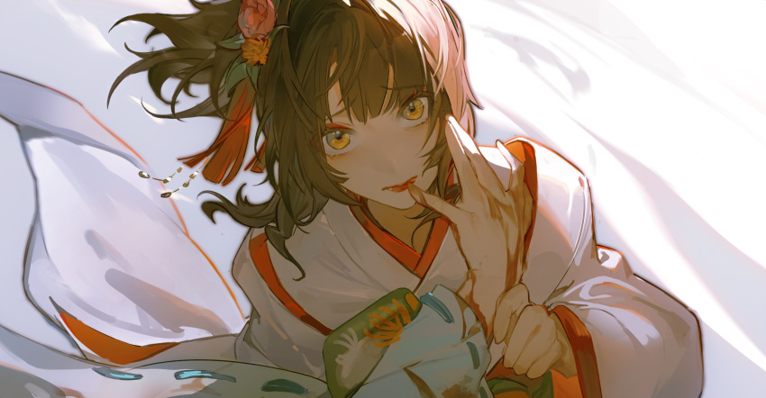 1girl absurdres applying_makeup blood blood_on_clothes blood_on_hands brown_hair closed_mouth coat eyelashes eyeliner finger_to_another's_mouth floating_clothes floating_hair flower frown hair_flower hair_ornament highres holding_another's_wrist japanese_clothes kayo_(ken_ga_kimi) ken_ga_kimi kimono long_hair long_sleeves looking_at_viewer makeup out_of_frame pov pov_hands red_flower red_lips ribbon-trimmed_sleeves ribbon_trim sad sagihara_sakyou side_ponytail solo_focus tassel tassel_hair_ornament uchikake upper_body white_background white_coat white_kimono wide_sleeves wind yellow_eyes yipei