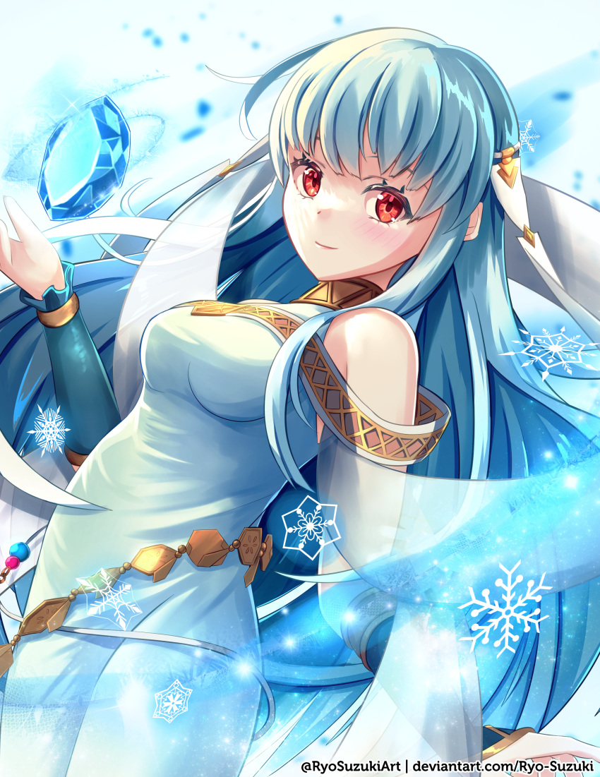 1girl absurdres bangs bare_shoulders blue_dress blue_hair blush dragonstone dress fire_emblem fire_emblem:_the_blazing_blade hair_ornament highres long_hair looking_at_viewer ninian_(fire_emblem) red_eyes ryo-suzuki sleeveless sleeveless_dress smile snowflakes solo twitter_username