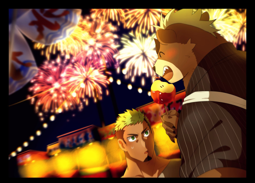 2boys ^_^ animal_ears ashigara_(housamo) bear_boy bear_ears black_border black_hair blonde_hair border candy_apple closed_eyes facial_hair festival firework_background food furry furry_male goatee green_eyes green_hair highres japanese_clothes kihane_atsusane male_focus market_stall multicolored_hair multiple_boys night night_sky open_mouth sharp_teeth short_hair sky smile sweatdrop taurus_mask teeth thick_eyebrows tokyo_afterschool_summoners two-tone_hair upper_body